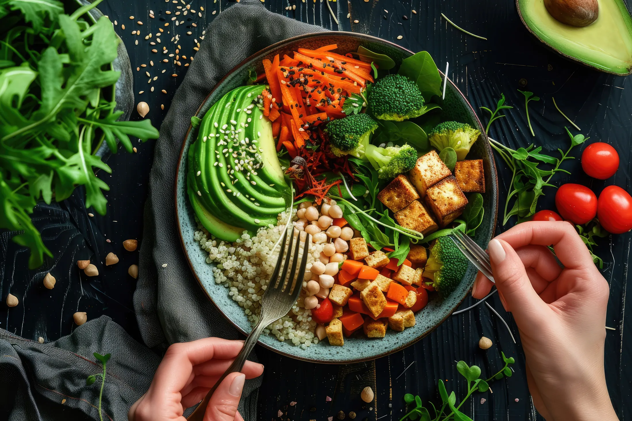 A colourful balanced table with vegetables and wholesome foods
